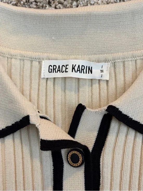 Grace Karin Cream Ribbed Polo-Collar Midi Dress with Contrast Trim - Picture 6 of 6